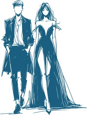 Sketch of a fashionable couple emphasizing modern clothes and elegant silhouettes clipart