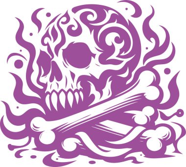 Intricate purple skull with flames and crossbones in a stylized tattoo art design clipart