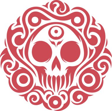 Intricate Red and White Tribal Ornamental Design with Blurred Skull Like Central Figure clipart