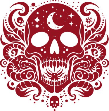 Intricate Red Skull Design with Floral and Celestial Elements in Vector Art Style clipart