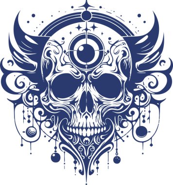 Intricate Skull with Abstract Elements and Cosmic Motifs in a Detailed Graphic Style clipart