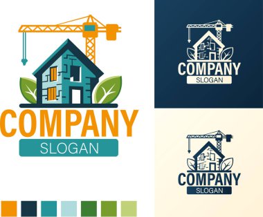 Construction Company Logo Featuring a House with Crane and Leaves in Modern Vector Style clipart