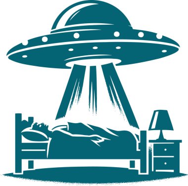 Illustration of a UFO Abducting a Person from Bed in a Retro Graphic Style clipart