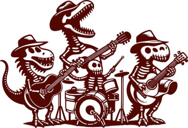 Dinosaur skeleton band playing instruments in vintage stencil style clipart