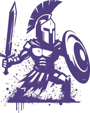 Fearless Spartan warrior in battle stance in paint splatter as a stencil drawing clipart