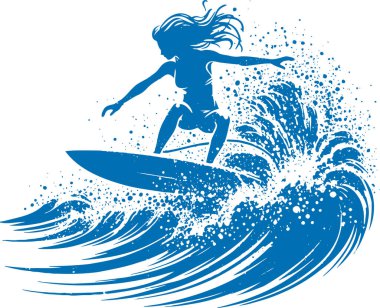 girl surfer on a board quickly rushing forward on top of a wave stencil drawing clipart