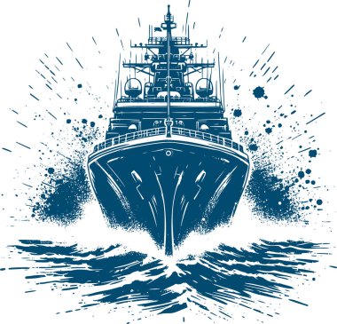 Fırkateyn ya da destroyer gibi dalgalı denizlerde ilerleyen bir savaş gemisinin resmi.