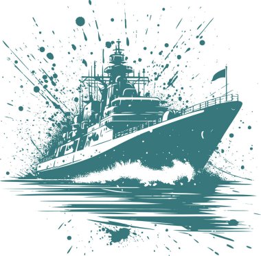 Silhouette of a military ship breaking through the ridge in graphite style clipart