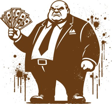 Sert bir iş adamının finansal ya da işle ilgili tasarımlarda kullanılması için grunge tarzında bir para hayranı tutmasının karikatür çizimi