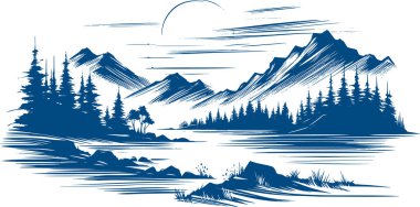 Laconic forest landscape with mountains and coniferous forest silhouette drawing clipart