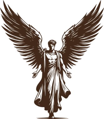 Detailed vector illustration of a majestic angel with large spread wings wearing a classical robe standing with open arms in engraving style clipart