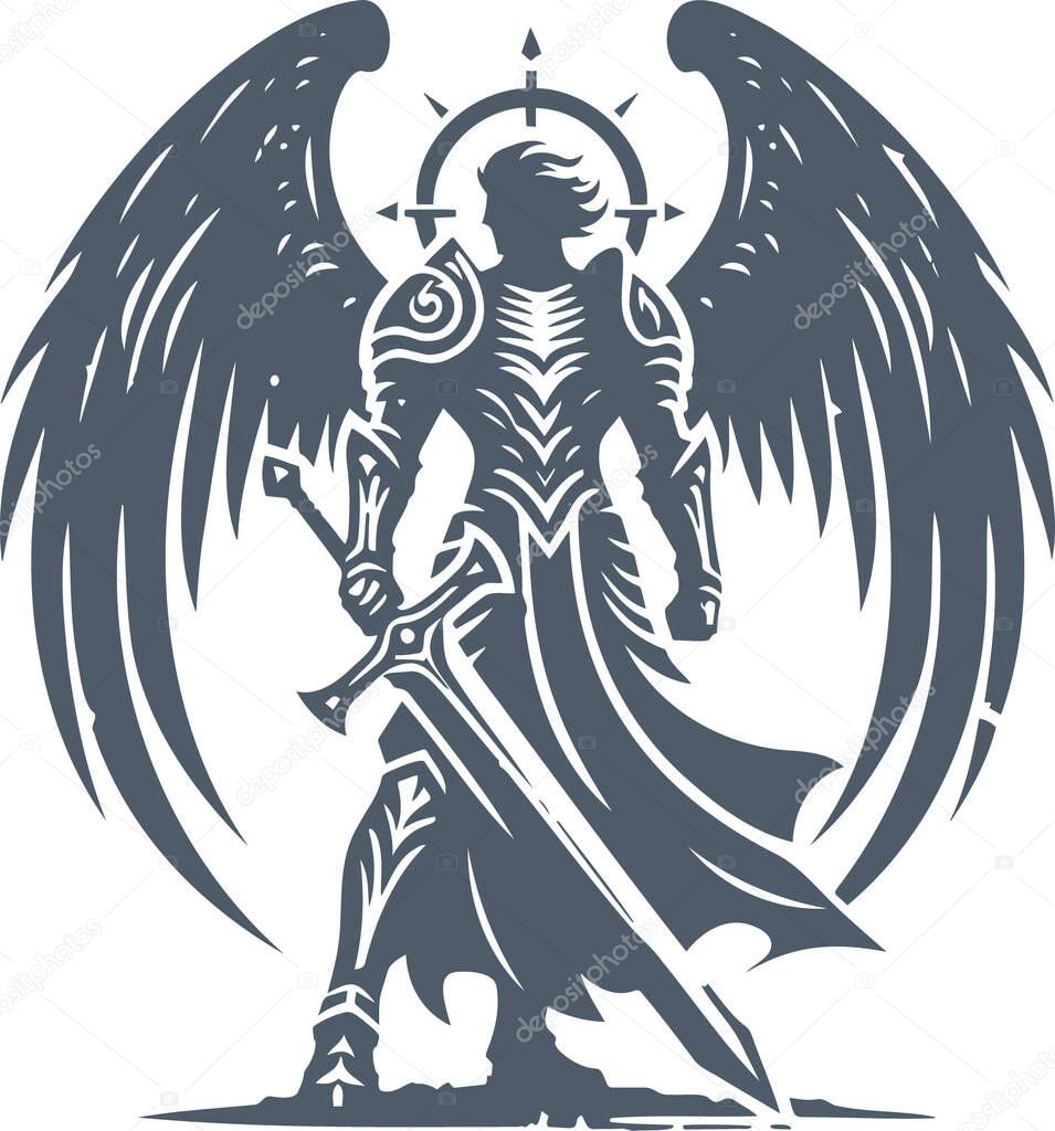A monochromatic vector illustration of a celestial warrior clad in ornate armor and wielding a sword with expansive wings spread behind and a radiant halo above symbolizing divine power and protection