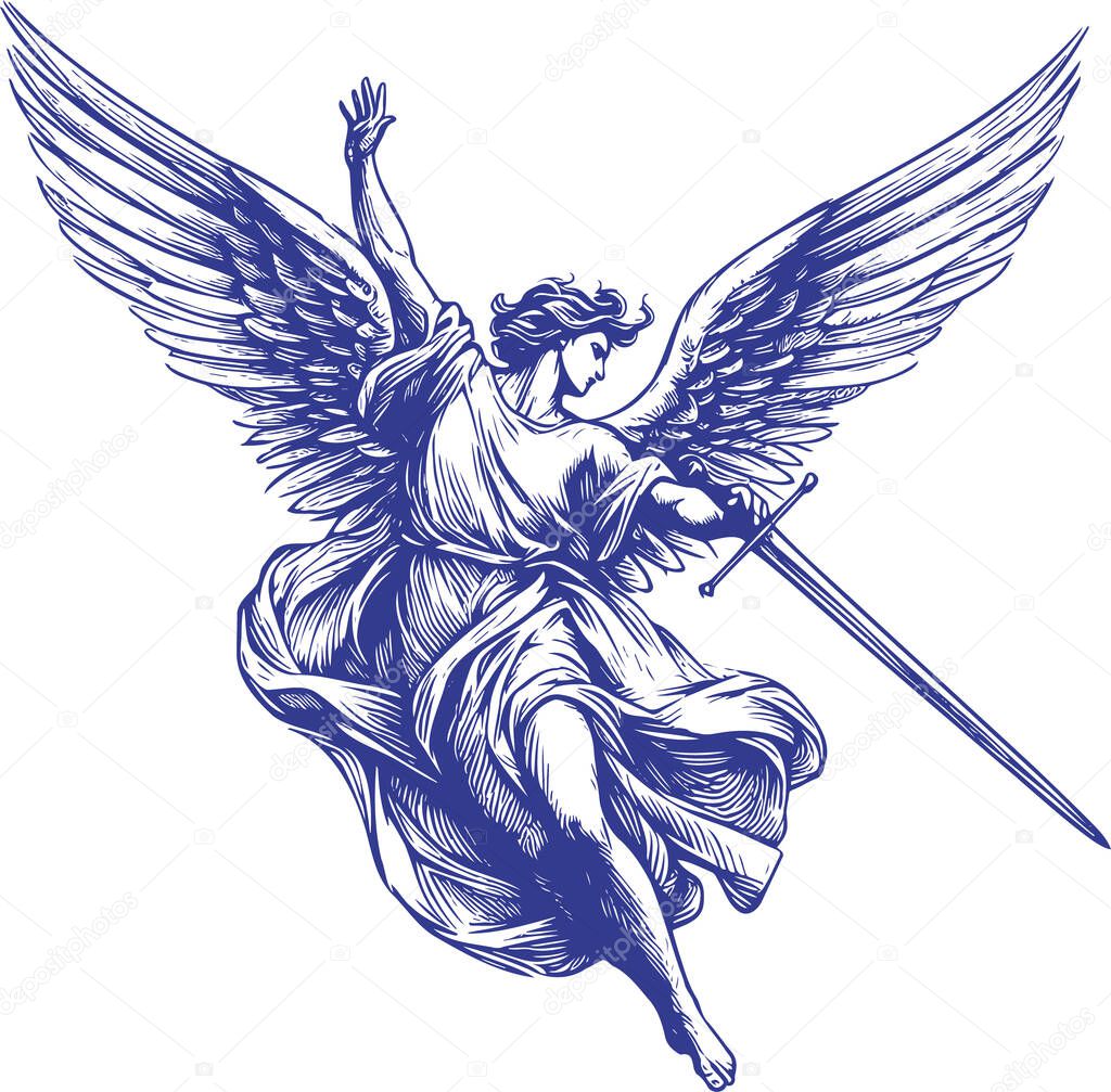 A dynamic blue line art illustration of a celestial being in mid flight wielding a sword and surrounded by expansive wings conveying a sense of divine power and protection