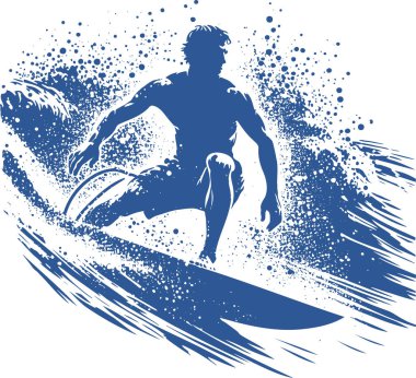 vector stencil illustration of a surfer guy riding a sea wave standing on a surfboard clipart