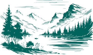 Peaceful Alpine Escape A Minimalist Black and White Illustration of a Tranquil Mountain Lake clipart