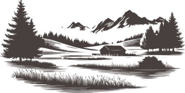 Secluded Mountain Cabin A Monochrome Illustration of a Peaceful Alpine Retreat clipart