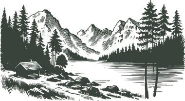 Vintage Woodcut Style 'da Tranquil Gölü kıyısında tenha bir dağ kulübesi.