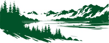 Serene Mountain Lake A Green Silhouette Illustration of a Peaceful Alpine Valley clipart