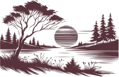 Serene Sunset Silhouette A Minimalist Digital Ink Illustration of a Tranquil Lake Surrounded by Pine Trees clipart