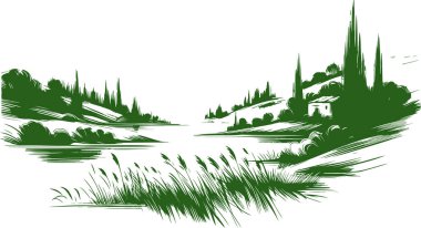 Tuscan Idyll A Vibrant Green Illustration of a Peaceful Italian Countryside clipart