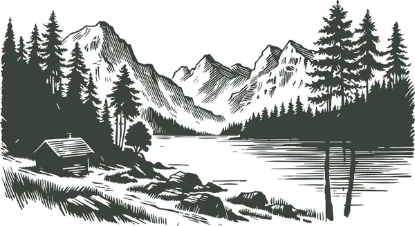 Vintage Woodcut Style 'da Tranquil Gölü kıyısında tenha bir dağ kulübesi.