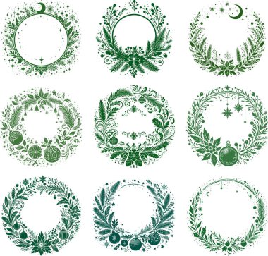 Set of stencil decorative holiday wreaths with Christmas and winter motifs in vintage style, perfect for greeting cards, holiday invitations and seasonal designs clipart