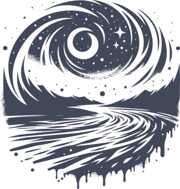 Abstract Night Sky with Swirling Stars and Moon in a Stylized Graphic Art Suitable for Posters and Wall Art clipart