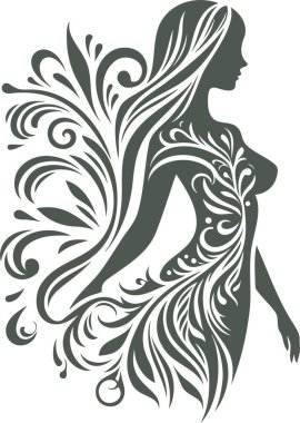 Silhouette of a Woman with Ornamental Floral Patterns in a Decorative Art Style Suitable for Tattoos Wall Art and Graphic Design clipart