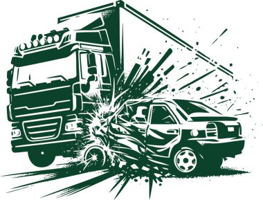 Graphic depiction of a collision between a truck and a car in a dynamic contrasting illustrative stencil style clipart