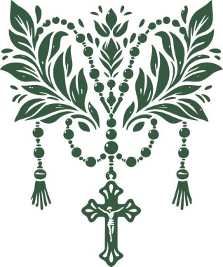 Illustration of a Rosary with Crucifix and Ornate Leafy Patterns in a Detailed Decorative Style Suitable for Religious Publications and Spiritual Artwork clipart