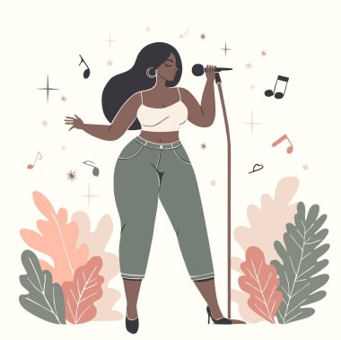 Illustration of a black singer performing with a microphone in a minimalist style clipart