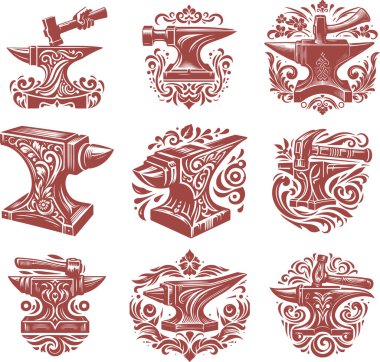 Decorative Anvils and Hammers in Ornamental Style for Artistic and Craft Use clipart