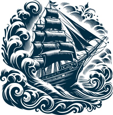 Engraved vintage sailing ship braving stormy ocean waves clipart