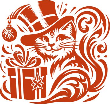 Smiling holiday cat with a wrapped gift in hand drawn vector style great for festive branding and decor clipart