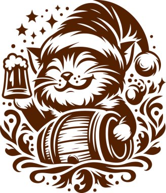 Festive cat with beer and keg vector engraving style perfect for holiday party invitations clipart