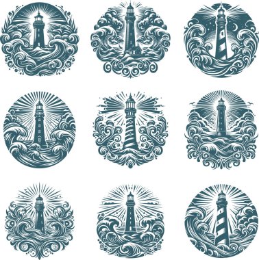 Vintage Collection Intricate Lighthouse Illustrations with Swirling Ocean Waves in Engraving Style clipart