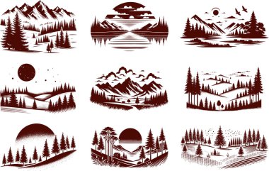 Vector illustration of picturesque mountain landscape with coniferous trees suitable for stencil design clipart