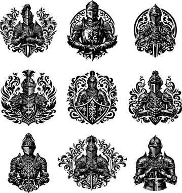 Collection of Ornate Heraldic Knight Illustrations in Intricate Monochrome Style clipart