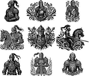 Collection of Intricate Ornamental Knight Illustrations in Monochrome Style clipart