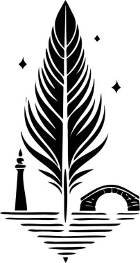 Feather with Lighthouse and Bridge in Silhouette Style for Artistic and Decorative Use clipart