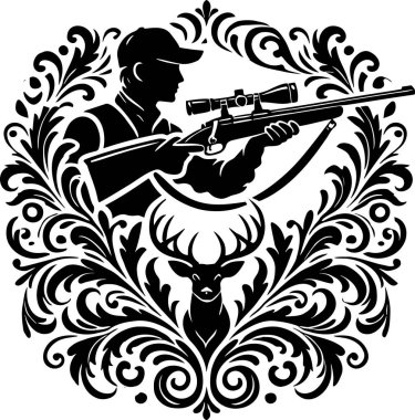 Hunter with Rifle and Deer in Ornamental Silhouette Style for Outdoor and Hunting Themes clipart