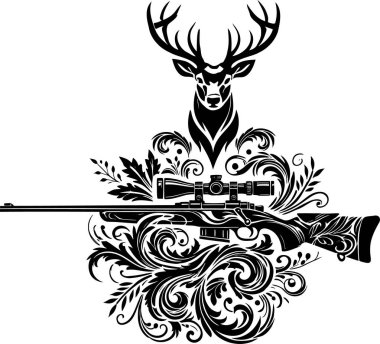 Detailed Deer and Rifle Illustration in Ornamental Style for Hunting Themed Designs clipart