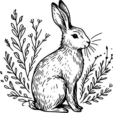 Detailed Line Art Drawing of a Rabbit Surrounded by Botanical Elements Suitable for Nature Themed Designs clipart