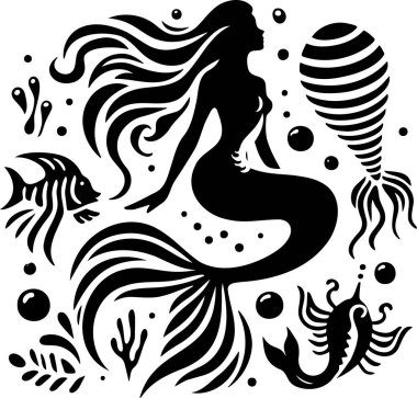 Elegant Black Silhouette of a Mermaid Surrounded by Sea Creatures clipart