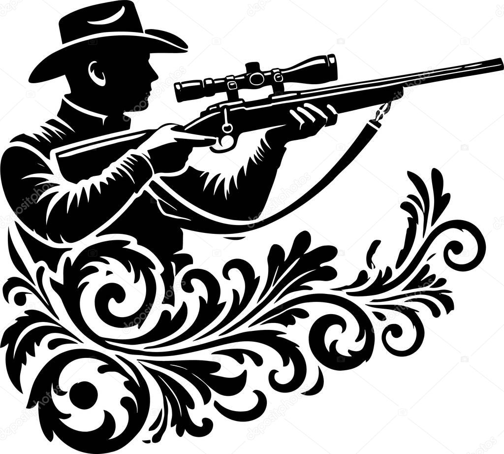 Silhouette of a Hunter with Rifle in Ornate Decorative Style