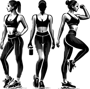 Stylize Çizgi Sanatında Atletik Pozisyonda Üç Kadın