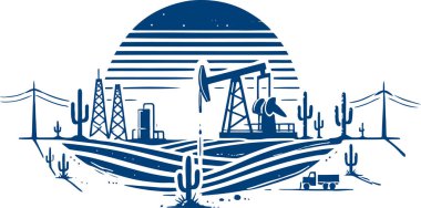 Oil Extraction in Desert Landscape Technical Illustration Style clipart