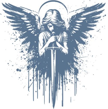 Dramatic Navy Angel Warrior with Sword Grunge Art clipart