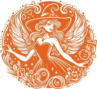 Elegant Witch with Wings in Ornate Orange Illustration Style clipart