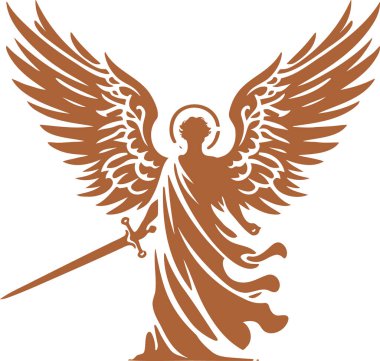 Silhouette of an Angel with Sword in Detailed Line Art Style clipart